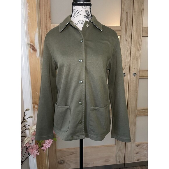 Architect Sweaters - Architect Cardigan Sweater Womens Petites Medium Green Snap Button Pocket Collar
